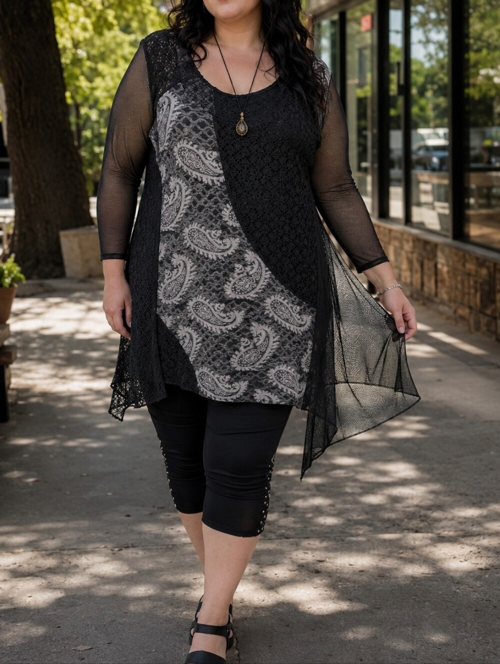 Papa Vancouver Black Gray Paisley Mesh Lace Overlay Tunic Top Fairy Grunge Boho